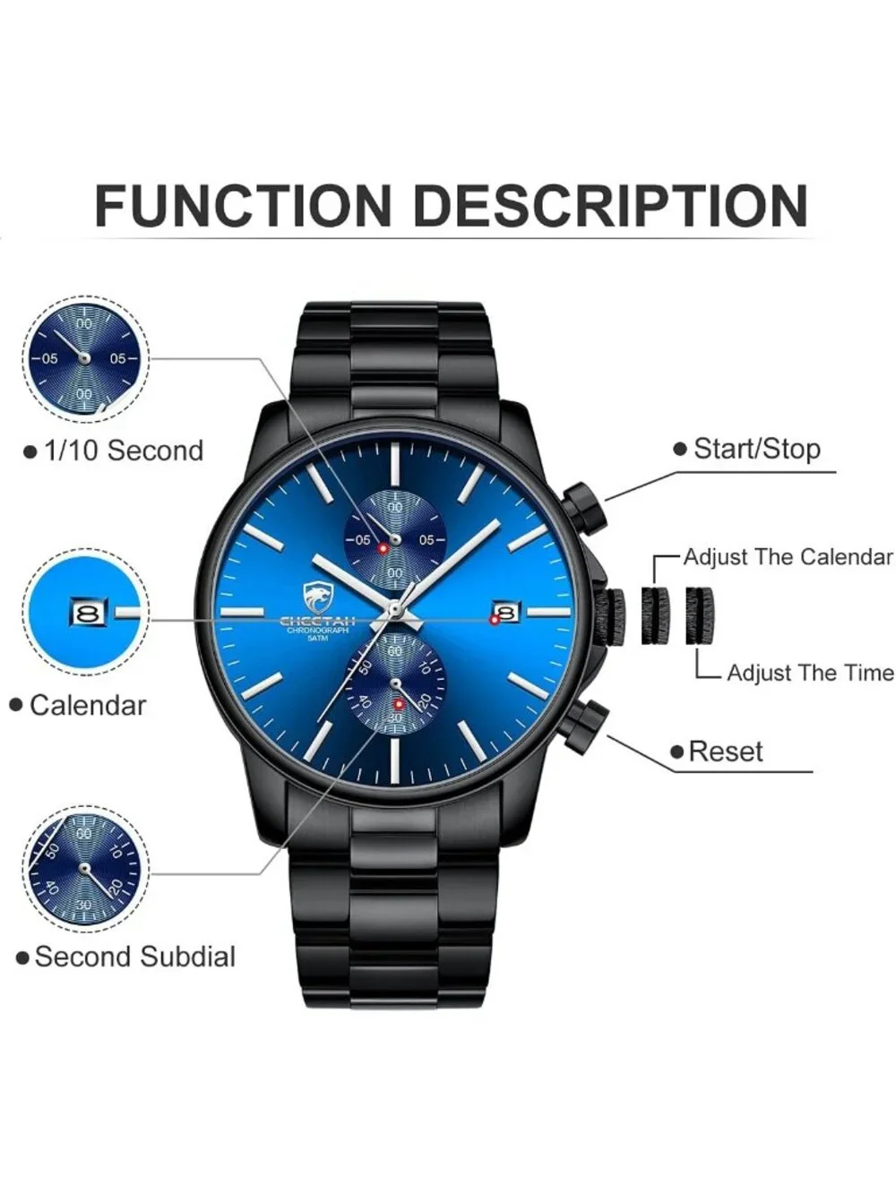 Men's Dark Blue Stainless Steel Waterproof Chronograph Quartz Wrist Watches